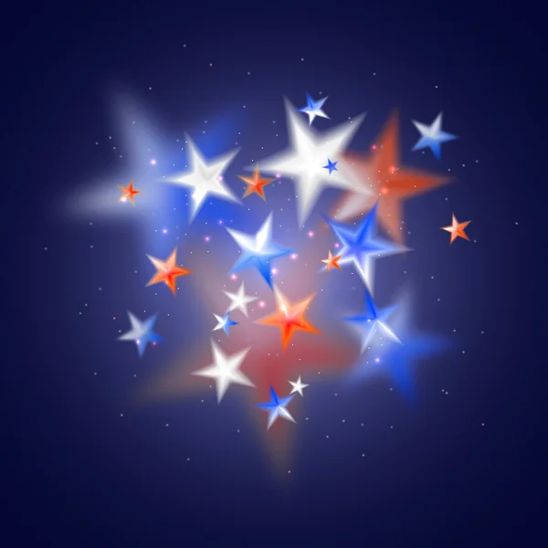 Estrellas borrosas azules, rojas y blancas sobre fondo azul oscuro . — Vector de stock