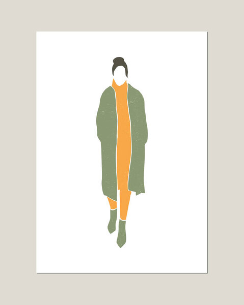 Vector minimalistic fashion woman silhouette portrait. Autumn, winter or spring concept. Natural texture. Print for poster, card.