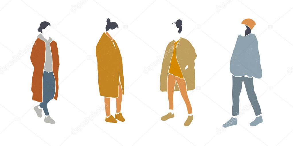 Set of flat minimalistic fashion woman silhouette. Autumn,winter or spring concept. Natural texture. Print for poster, card. Vector.
