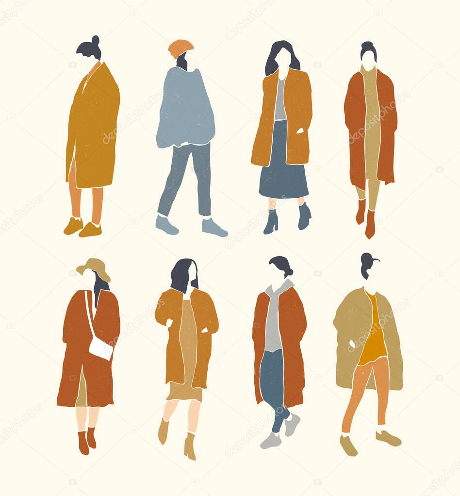 Vector set of flat minimalistic fashion woman silhouette. Autumn,winter or spring concept. Natural texture. Print for poster, card.
