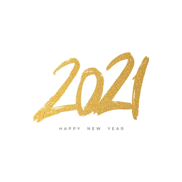 2021 mutlu yıllar. Altın parıltılı desenli altın yazı. El yazısıyla kaligrafik baskı. Vektör.