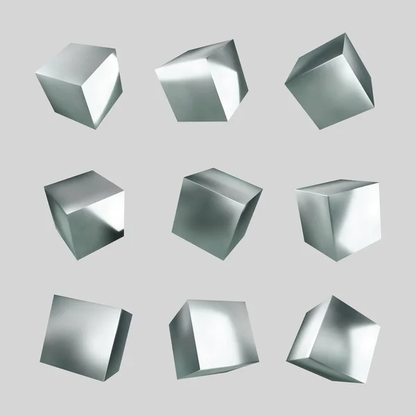 白い背景に3Dシルバーキューブ 現実的なデザイン要素 3次元オブジェクト 金属の質感 ベクトル — ストックベクタ
