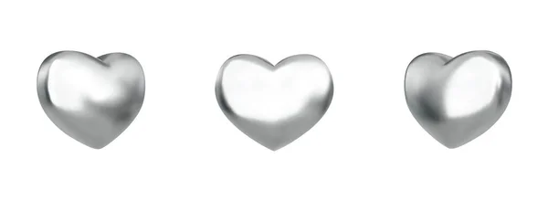 3D金属製の心臓 現実的な光沢のある銀3D心を設定します ベクトル — ストックベクタ