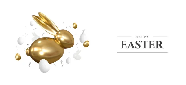 Mutlu Paskalyalar. Gerçekçi 3D altın tavşancık ve yumurta. Paskalya dekoratif nesneleri. Vektör.