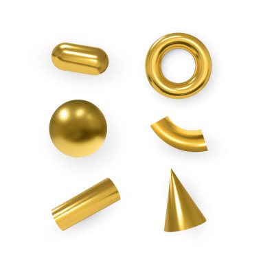 Üç boyutlu geometrik nesneler. İzole edilmiş metalik altın şekiller. Vektör.
