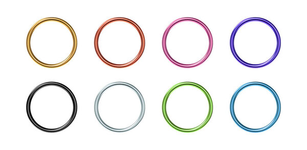 3d colorful circles set isolated on white background. Realistic design element, three-dimensional object. Metallic texture. Vector.