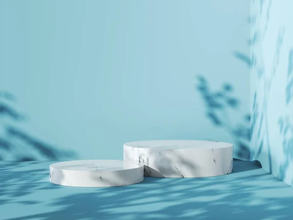 3 boyutlu görüntüleme. Beyaz mermer kürsülü mavi arkaplan.