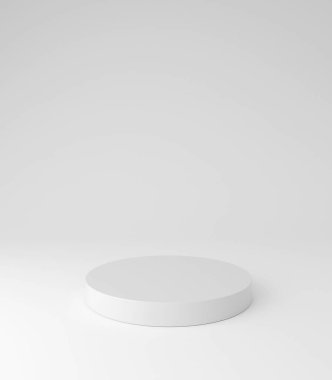 Beyaz kaide podyumu, yuvarlak şekilli, ürün standı, 3D görüntüleme.