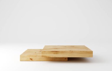 Tahta kaidesel podyum, kare şekilli, ürün standı, 3D görüntüleme.