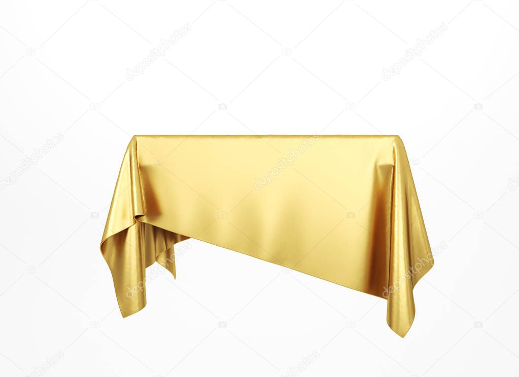 Golden silky cloth pedestal podium. Gold cloth. 3d rendering.