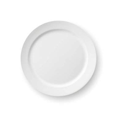 Beyaz arka planda izole edilmiş boş beyaz seramik plaka. Gerçekçi 3 boyutlu vektör modeli. Minimalist tasarım ögesi.