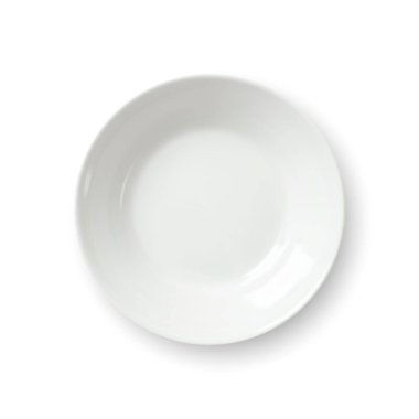 Beyaz arka planda izole edilmiş boş beyaz seramik plaka. Gerçekçi 3 boyutlu vektör modeli. Minimalist tasarım ögesi.