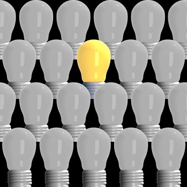 Fikir kavramı, 3d ampulleri o siyah arka plan üzerine diğerleri arasında parlayan render.