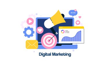 Modern Dijital Pazarlama İllüstrasyonu Sosyal Medya Stratejisi ve Çevrimiçi Reklam Kavramı