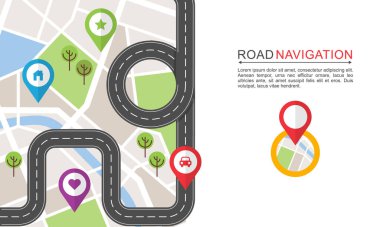 Road Navigation Map Illustration with Curved Route and Colorful Location Pins