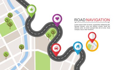 Road Navigation Map Illustration with Curved Route and Colorful Location Pins