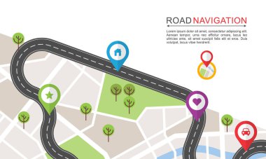 Road Navigation Map Illustration with Curved Route and Colorful Location Pins