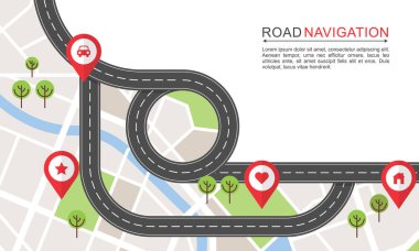 Road Navigation Map Illustration with Curved Route and Colorful Location Pins