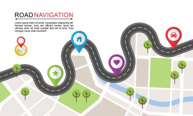 Road Navigation Map Illustration with Curved Route and Colorful Location Pins