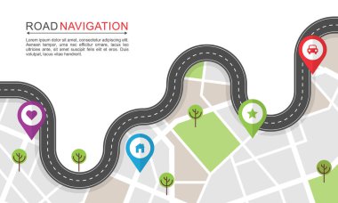 Road Navigation Map Illustration with Curved Route and Colorful Location Pins