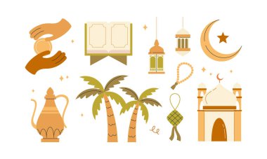 Sıcak Terracotta Renklerinde Düz İslami İllüstrasyonlarla Ramazan Kareem Element Seti