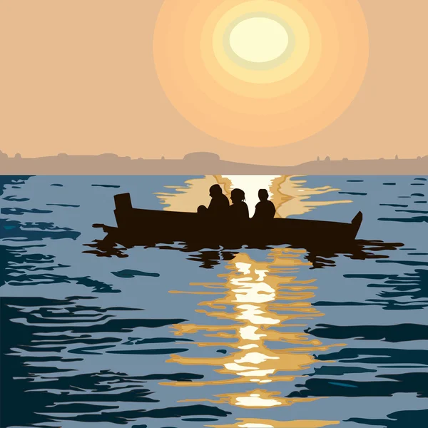 Bateau mer lac coucher de soleil — Image vectorielle