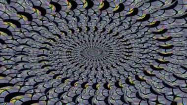 Gri ve siyah spiralli fraktal desenlerin büyüleyici, döngüsel kaleydoskopik animasyonu, garip, psikedelik bir tünel ya da hipnotik girdap arkaplanı oluşturur. Dijital olarak oluşturulan video.