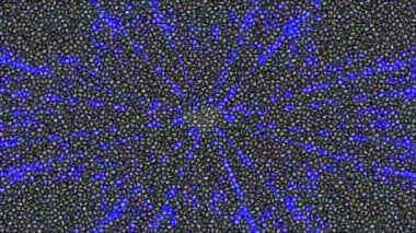 Değişen geometrik desenli çarpıcı mavi ve gri mozaik bir kaleydoskop animasyonu. Radyal simetrisi ve titreşimli dokusu olan boyalı cam tarzı soyut bir arkaplan.