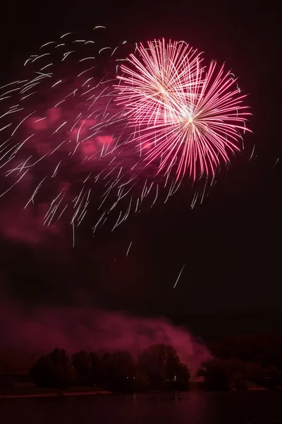 Beautiful night view and bright fireworks in sky — Stock Photo, Image
