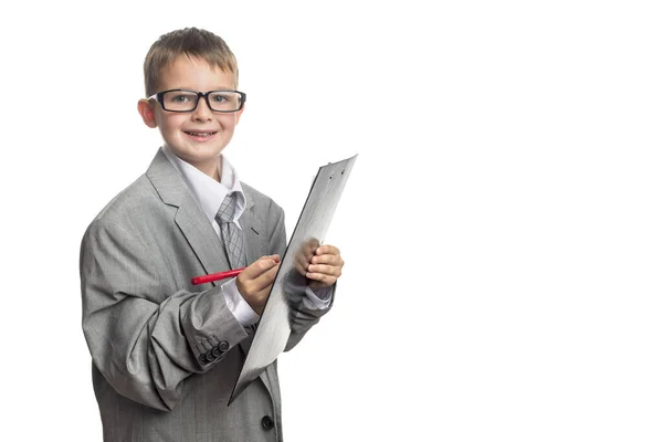 Kleines Kind Businessanzug Und Brille Als Geschäftsmann Schreibt Auf Ein — Stockfoto