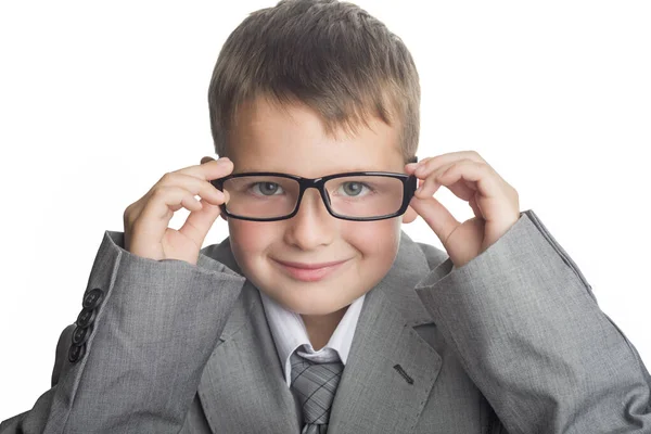 Portrait Enfant Vêtu Costume Affaires Lunettes Homme Affaires Visage Garçon — Photo