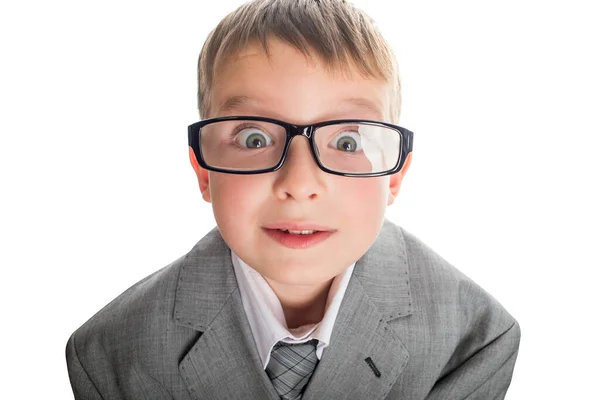 Portrét Legračního Dítěte Brýlích Obchodním Obleku Bílém Pozadí Chytré Dítě — Stock fotografie