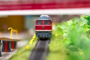 Kırmızı elektrikli tren lokomotifi ağaçlar ve köprü üzerindeki raylarda..