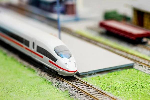 Mankenli Manzaralı Tren Rayları Beyaz Elektrikli Tren Lokomotif Istasyon Platformu — Stok fotoğraf