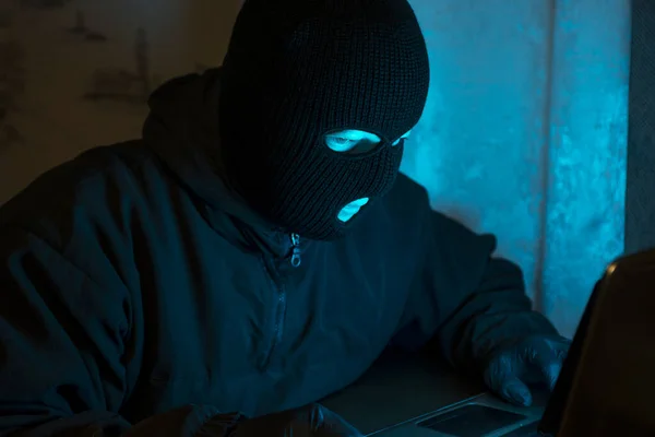 Cybercrime Hacking Technology Crime Masked Hacker Working Darkness Stealing Data — Stock Photo, Image