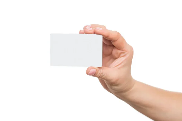 Business Card Female Hand Closeup Isolated White Background Close Womans — Stock Photo, Image