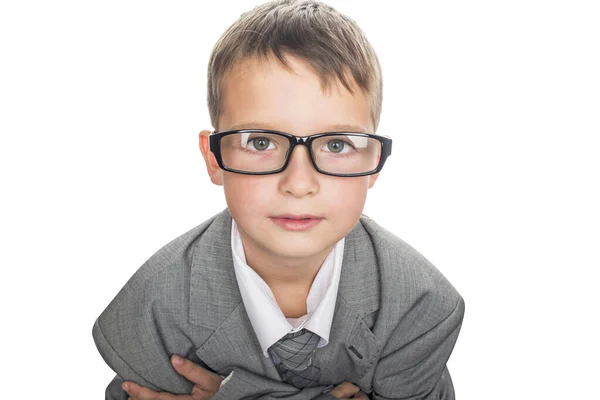 Retrato Lindo Colegial Traje Hombre Negocios Gafas Aislado Blanco Niño — Foto de Stock