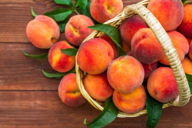 Tahta bir arka planda hasır sepette yaprakları olan taze sulu şeftaliler. Hasır sepette taze koparılmış şeftaliler..