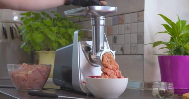 电动烤肉机 用新鲜肉在电动烤肉机里做切肉 — 图库视频影像