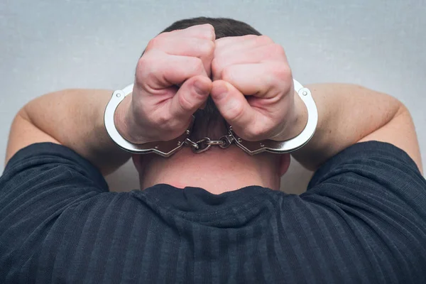 Criminal Handcuffs Arrested Man Hands Handcuffs His Head — Stock Photo, Image