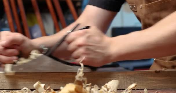 Carpenter Apron Planing Wooden Board Planer Workplace — Stock Video