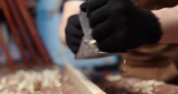 Carpintero Delantal Cepillando Una Tabla Madera Con Una Cepilladora Lugar — Vídeos de Stock