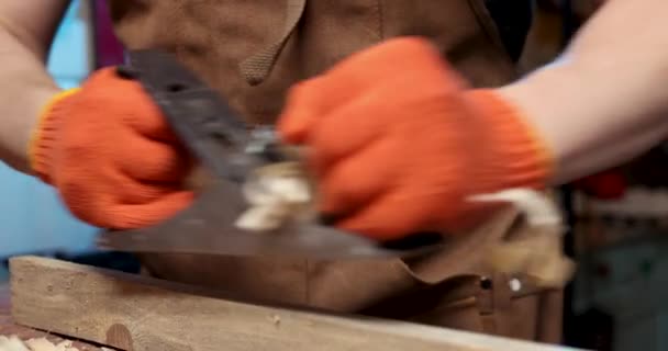 Carpintero Delantal Cepillando Una Tabla Madera Con Una Cepilladora Lugar — Vídeos de Stock