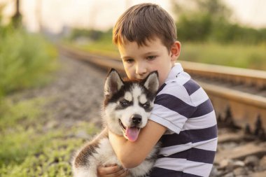 Çizgili tişörtlü küçük bir çocuk açık havada köpeğine sevgiyle sarılıyor..