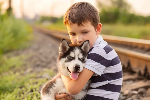 Liten Pojke Randig Shirt Kramar Kärleksfullt Sin Hund Utomhus — Stockfoto