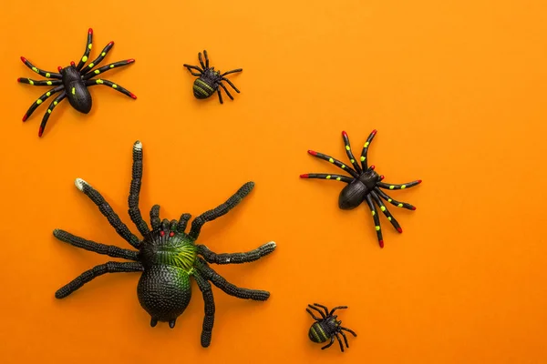 Grupo Aranhas Brinquedo Preto Fundo Laranja Para Dia Das Bruxas — Fotografia de Stock