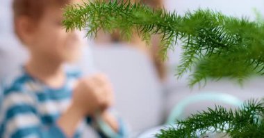 Çizgili gömlekli genç bir çocuk evde solunum terapisi için nebulizör kullanıyor. Sahne, çocukların tedavisi için rahatlatıcı bir ortam oluşturan kapalı alan bitkilerini içeriyor..