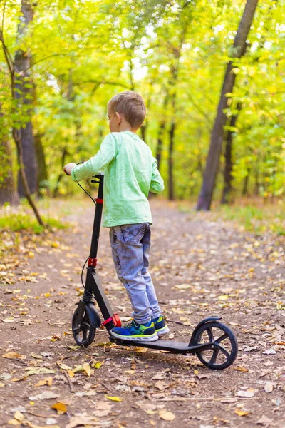 Yeşil tişörtlü genç bir çocuk, canlı bir sonbahar ormanında yaprak kaplı bir patika boyunca scooter sürüyor ve açık hava macerasının tadını çıkarıyor. Sahne, çocukluk keşiflerinin özünü yakalar..