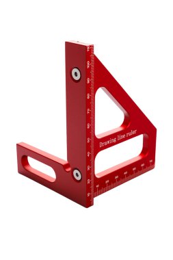 Ölçüm işaretli kırmızı alüminyum çizim cetvel karesi beyaz arka planda izole edilir. Bu araç teknik çizim ve ahşap işçiliğinde hassas ölçüm ve işaretleme için kullanılır..
