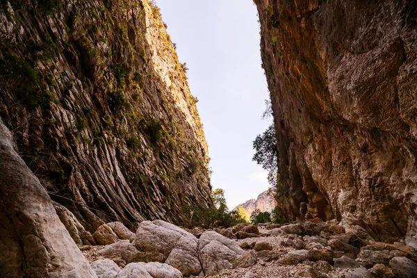 Kanyon zeminine bakan bir manzara, devasa, çizgili, güneşli kaya duvarları ile büyük, pürüzsüz kayaların ön planı arasındaki dramatik zıtlığı vurguluyor..